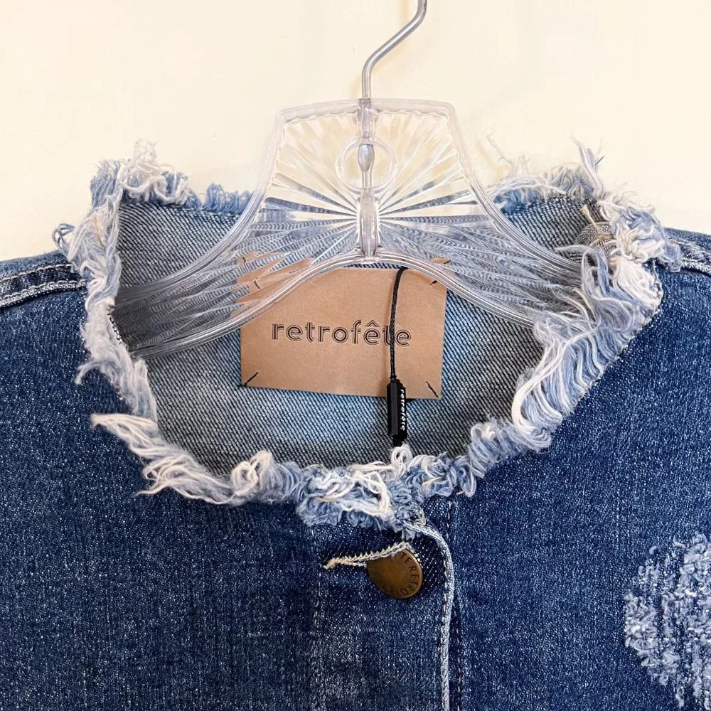 Retrofete Jaime Denim Button Down Quarter Sleeve Tie Waist Distressed Mini Dress - Picture 5 of 12